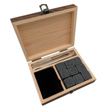 ZESTAW KAMIENI DO WHISKY W DREWNIANYM OPAKOWANIU KOSTKI KAMIENIE DO DRINKÓW