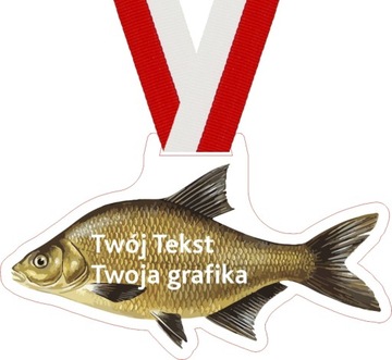 Medal LESZCZ wędkarski w kształcie leszcza ze wstążką opis logo herb 11x6cm