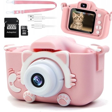 APARAT CYFROWY DLA DZIECI KOTEK RÓŻOWY + KARTA 32GB KAMERA HD SMYCZ GRY