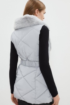 ЖИЛЕТКА БЕЗ РУКАВОВ СЕРЫЙ ПОЯС МЕХ ЭЛЕГАНТНЫЙ СТЕГАНЫЙ БЕРЕГ S