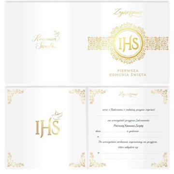 KOMUNIA ŚWIĘTA białe ZAPROSZENIA złote IHS