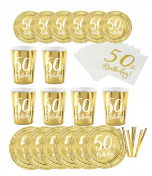 DUŻY ZESTAW 50-URODZIN KUBECZKI TALERZYKI ZŁOT
