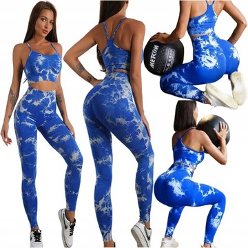 LEGGINSY SPORTOWE NIEBIESKIE DAMSKIE PUSH UP KOMPLET Stanik i Leginsy Top L