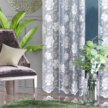 Elegancka biała firanka żakardowa w kwiaty róże zdobiona 180cm metraż Rause