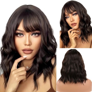 Peruki Damskie Peruka Syntetyczne Wlosy Kręcone Ciemny Brąz 45cm + Wig Cap