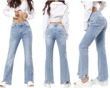 DZWONY DAMSKIE JEANSY BELL-BOTTOM SZEROKIE SZARPANE WYSOKI STAN PREMIUM XS