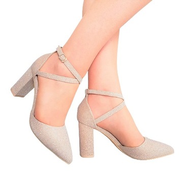 ZŁOTE BROKATOWE PRZEPLATANE BUTY CZÓŁENKA NA SŁUPKU 8 cm 37