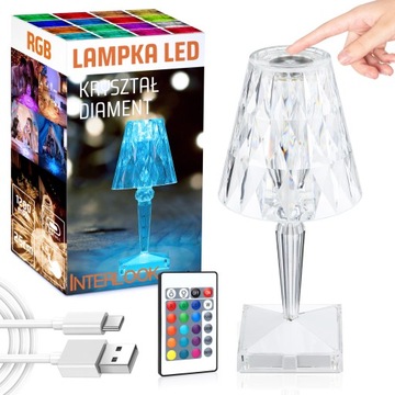 KRYSZTAŁOWA LAMPKA NOCNA STOŁOWA LED DIAMENTOWA DOTYKOWA RGB PILOT USB