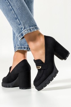 CZARNE MOKASYNY DAMSKIE PÓŁBUTY NA SŁUPKU ZE ZŁOTĄ OZDOBĄ MODNE r 39