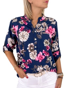 Elegancka BLUZKA w kwiaty granat - fuksja ERIS