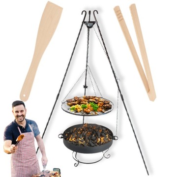 GRILL OGRODOWY TRÓJNÓG KUTY + RUSZT CHROMOWANY 60 CM + PALENISKO 60 CM