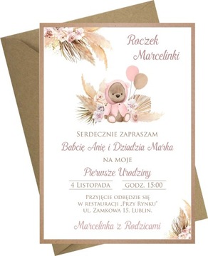 Zaproszenia na Pierwsze Urodziny Chrzest św. Roczek boho personalizacja