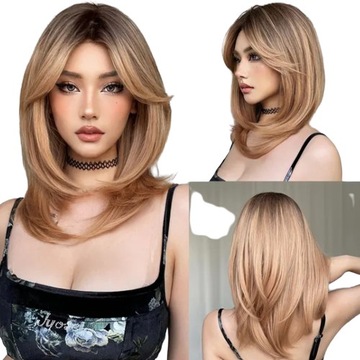 blond ombre warstwowa peruka syntetyczne włosy średnio długie grzywka