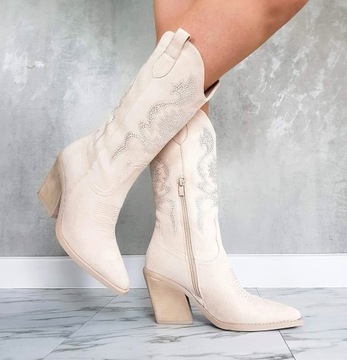 БЕЖЕВЫЕ ФАНТАСТИЧЕСКИЕ УТЕПЛЕННЫЕ ТУФЛИ КОВБОЙСКИЕ БОТИНКИ С ВЫШИВКОЙ С КРУГЛЫМИ 40
