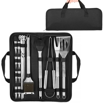 НАБОР СТОЛОВЫХ ПРИБОРОВ ДЛЯ ГРИЛЯ 21 В 1, ЧЕХОЛ ДЛЯ ЩИПЦОВ-ШПАТЕЛ