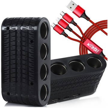 ROZDZIELACZ GNIAZDKA ZAPALNICZKI POCZWÓRNY 3XUSB ŁADOWARKA+Kabel 3w1 WEBSKI