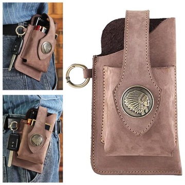 Мужской кожаный чехол для телефона с ключницей и зажимом для ремня, цвет хаки 06