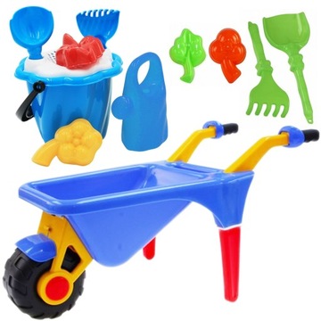 ZESTAW TACZKA DLA DZIECI + ZESTAW DO PIASKU + KONEWKA + ŁOPATKA + FOREMKI