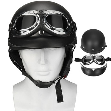 RETRO KASK MOTOCYKLOWY ORZESZEK HEŁM CHOPPER ZESTAW GOGLE CZARNY