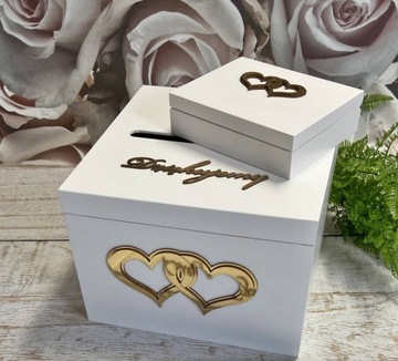 Коробка для конвертов + обручальные кольца с сердечками из белого золота
