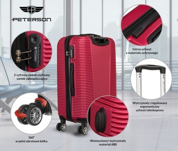 Жесткий чемодан Peterson средней вместимости на 4 колесах, прочный багаж из АБС-пластика.