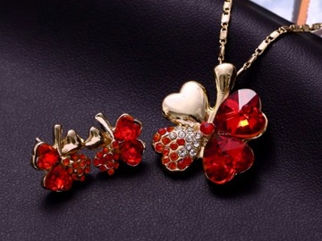 Pozłacany komplet biżuterii czerwone koniczynki modny zestaw dla niej