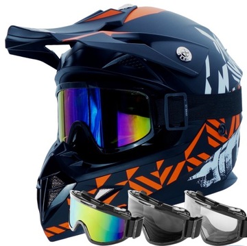 KASK MOTOCYKLOWY CROSS HORN MAT ORANGE ENDURO QUAD POD INTERKOM + GOGLE XL