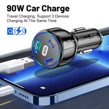 Автомобильное зарядное устройство USB 90 Вт, 3 порта PD Type C, адаптер для быстрой зарядки автомобильного телефона для IP
