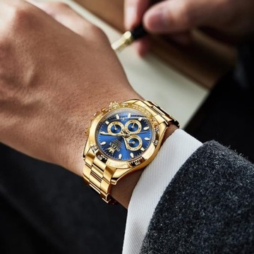 OLEVS Luksusowy zegarek męski analogowy złoto niebieski