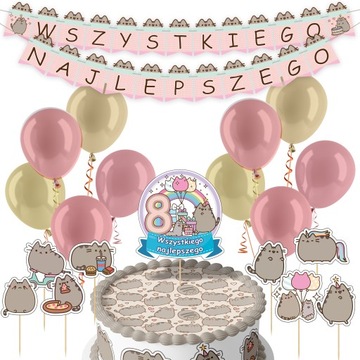 DUŻY ZESTAW URODZINOWY SŁODKI KOTEK BALONY TOPPERY GIRLANDA NA IMPREZE