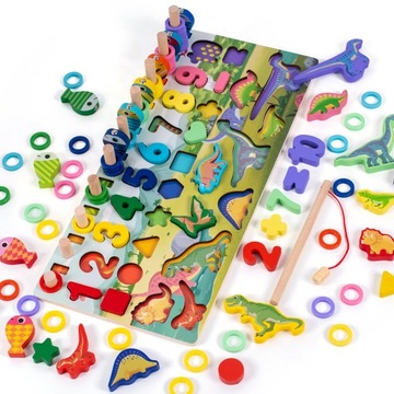 DREWNIANE RYBKI CYFRY SORTER LICZYDŁO MONTESSORI DINOZAURY UKŁADANKA