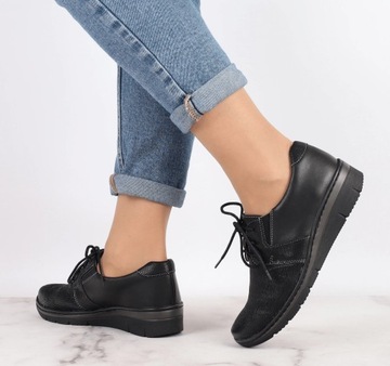 Czarne buty damskie skórzane szyte półbuty lekkie komfort Helios ROZ. 37