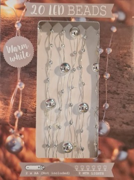 LAMPKI GIRLANDA OŚWIETLENIE KORALIKI 20 LED 2XAA 2METRY SREBRNE