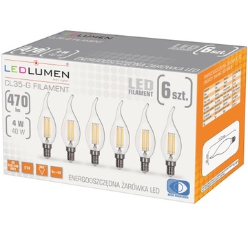 6x Żarówka LED E14 ŚWIECZKA 4W=40W Filament 470lm Ozdobna Brak Migotania