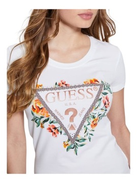 GUESS KOSZULKA DAMSKA T-SHIRT SS CN TRIANGLE FLOWERS BIAŁA r.M