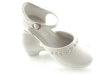 BIAŁE BALERINKI BUCIKI KOMUNIJNE PANTOFELKI NA OBCASIE 245 r 35