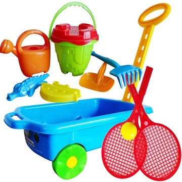 ZESTAW WÓZ WÓZEK TACZKA Z RĄCZKĄ + FOREMKI + TENIS