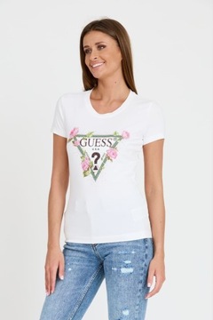 GUESS Biały t-shirt Floral Triangle Tee L