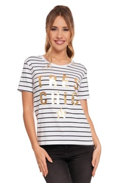 Koszulka Damska T-Shirt Bawełniana W Paski ze Złotym Nadrukiem MORAJ M