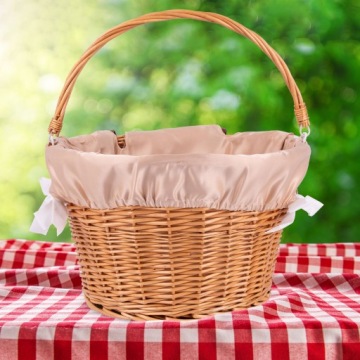 ПЛЕТЕНАЯ ВЕЛОСИПЕДНАЯ КОРЗИНА С БЕЖЕВОЙ ВСТАВКОЙ, ЕМКОСТЬ С РУЧКОЙ И КРЕПЛЕНИЕМ