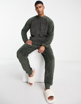 Threadbare Cube Pluszowe spodnie zielone męskie i bluza XL