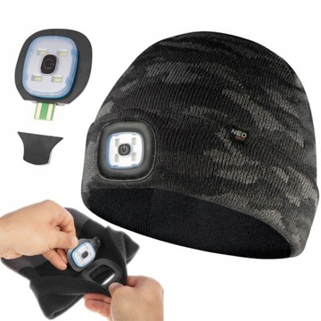 CZAPKA Z LATARKĄ AKUMULATOROWĄ LED DWUWARSTWOWA CAMO URBAN NEO TOOLS