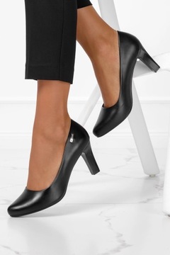 ЧЕРНЫЕ ТУФЛИ НА ВЫСОКОМ КАБЛУКЕ С КОЖАНОЙ ВСТАВКОЙ, ЭЛЕГАНТНЫЕ, размер 39