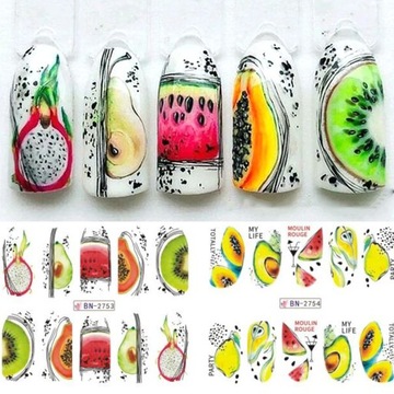 NAKLEJKI WODNE do zdobień na paznokcie arkusz 12 wzorów owoce neonowe lato