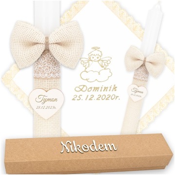 SZATKA I ŚWIECA DO CHRZTU ŚWIECA NA CHRZEST SZATKA HAFT + PUDEŁKO - BOHO