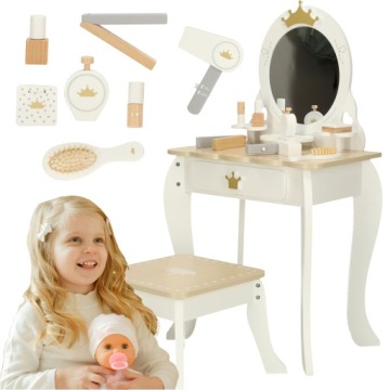 TOALETKA DLA DZIEWCZYNKI DREWNIANA Z LUSTREM TABORET AKCESORIA LULILO BELLA