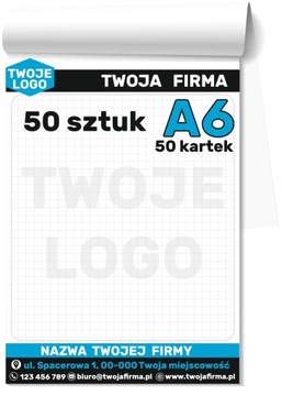 NOTESY klejone A6 BLOCZKI REKLAMOWE 50-kartkowe z NADRUKIEM Logo 50 sztuk