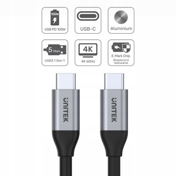 КАБЕЛЬ UNITEK USB-C 3.1 1-го поколения 4K 60 Гц QC PD 100 Вт 2 м