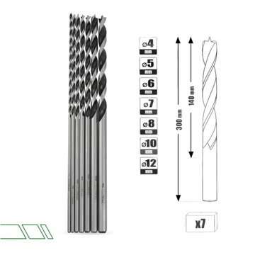 НАБОР СВЕРЛ 7x Сверла по дереву ДЛИННЫЕ СПИРАЛЬНЫЕ Сверла 4–12 мм для гипсокартона