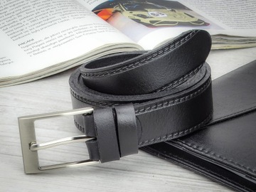 КОЖАНЫЙ мужской прошитый ремень черный 105см